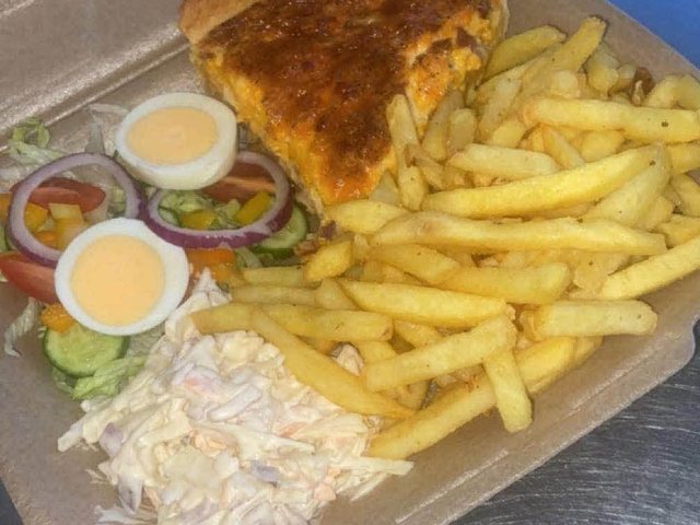 Takeaway quiche, chips, salad and coleslaw from Laura's Little Cafe